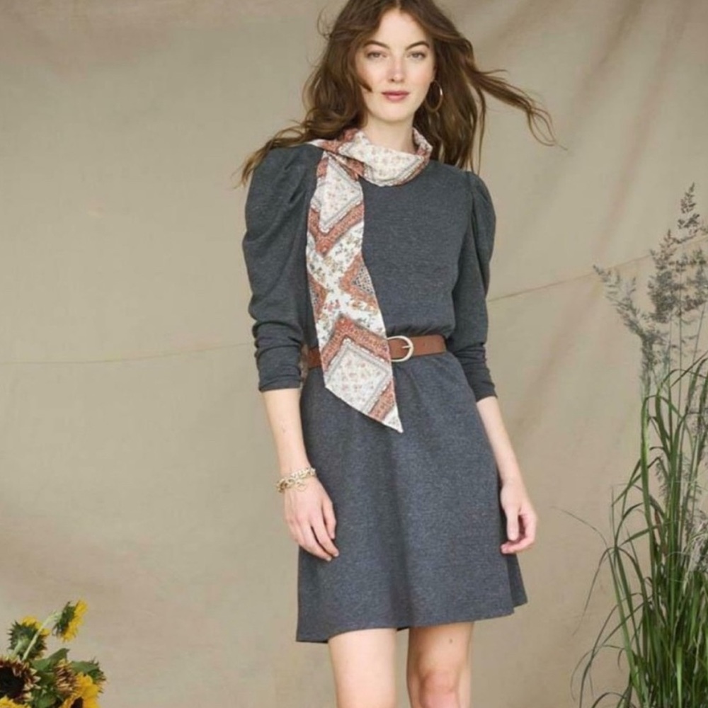 Matilda Jane Good Hart GH Gray Gramercy Puff Sleeve Smocked Dress S NWT